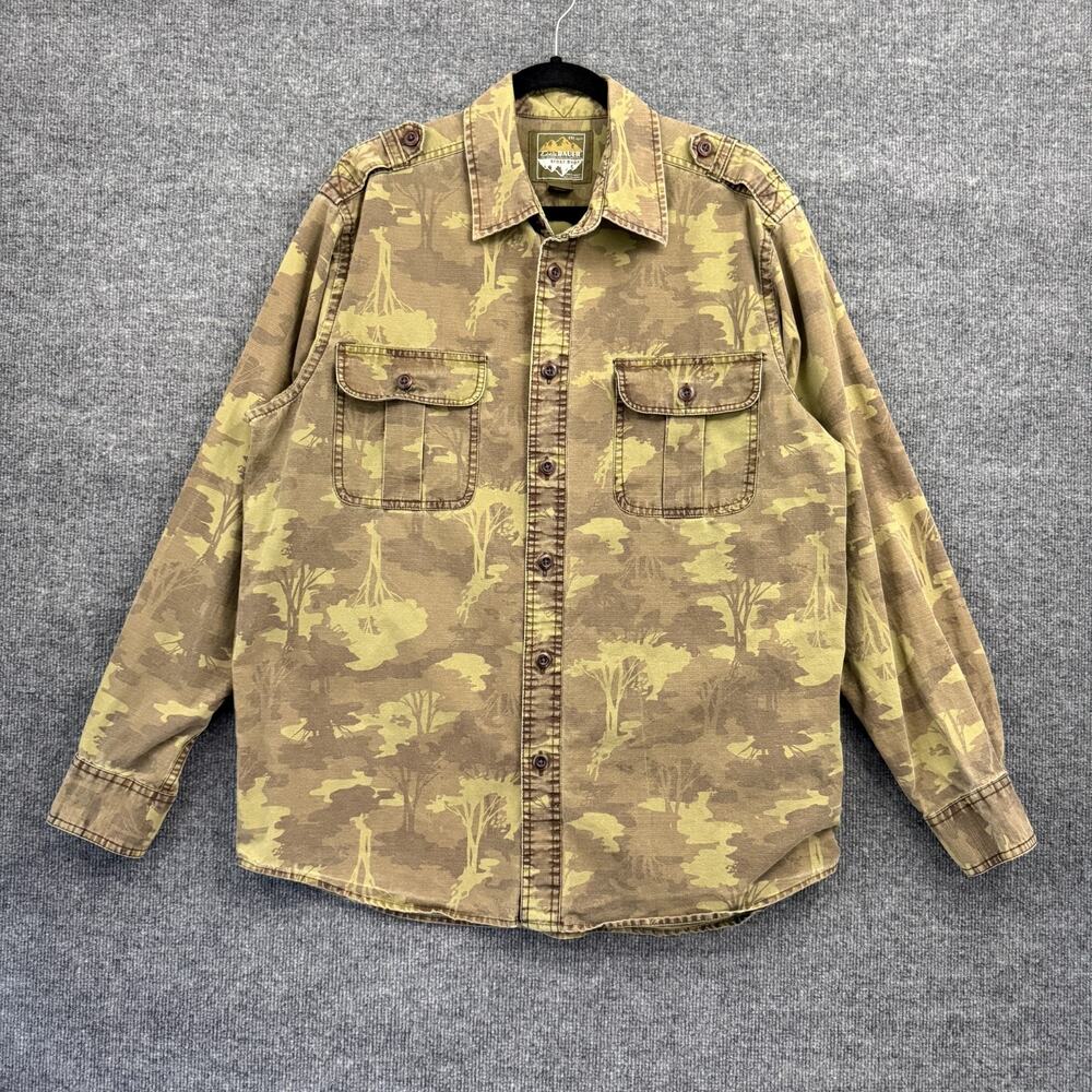 Eddie Bauer Mens Camouflage Camo Print Button Up Shirt Sz L Green Canvas Ripstop